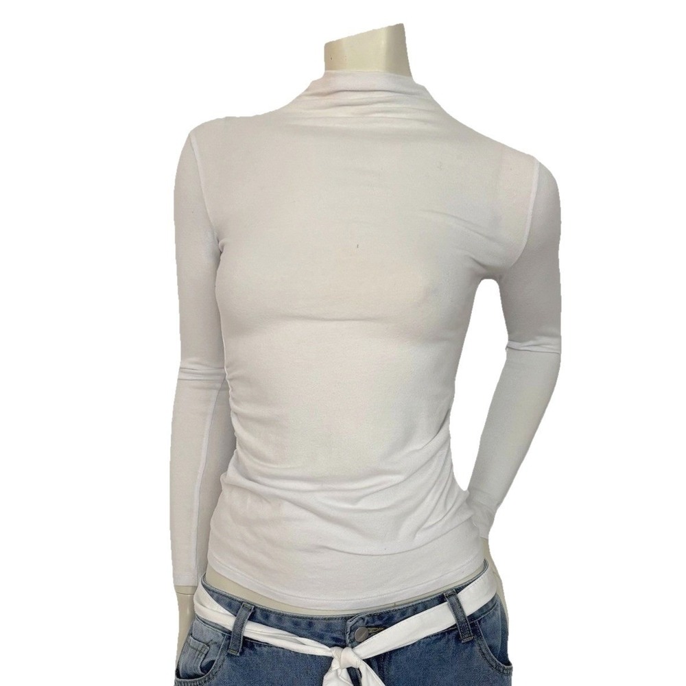 Paraphrase White Body Con Top Mock Neck Long Sleeve Lightweight Rouged Waist S